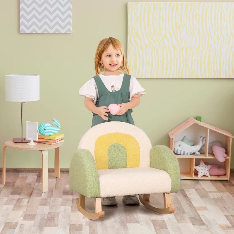HOMCOM Rocking Chair for Toddlers Cute Design, Sheepskin Imitation, Eucalyptus Wood Green + Yellow Beige