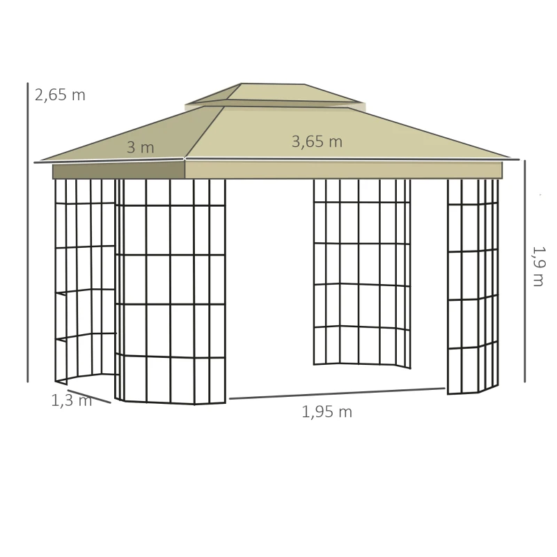 Outsunny Foisor de Gradina 3.65x3 m cu Plasa de tantari si Acoperis pe 2 Nivele din Poliester, Structura din Metal, Negru