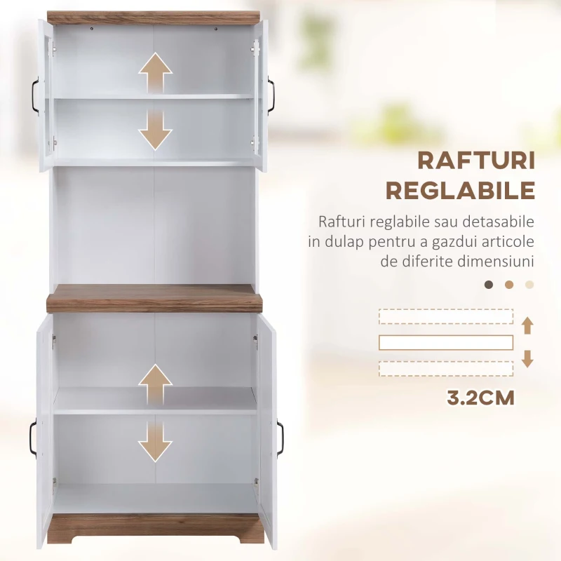 Bufet de bucatarie HOMCOM cu dulap superior, Camara cu usi cu rame de sticla, 2 dulapuri cu usi duble, 1 blat din lemn deschis cuptor cu microunde, Alb(m-5)