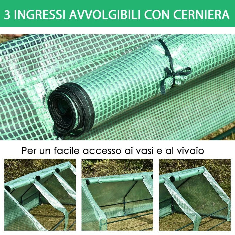 Outsunny Sera cu Tuburi din Otel si Invelis in Polietilen cu 3 Porti Verde 400 x 100 x80cm