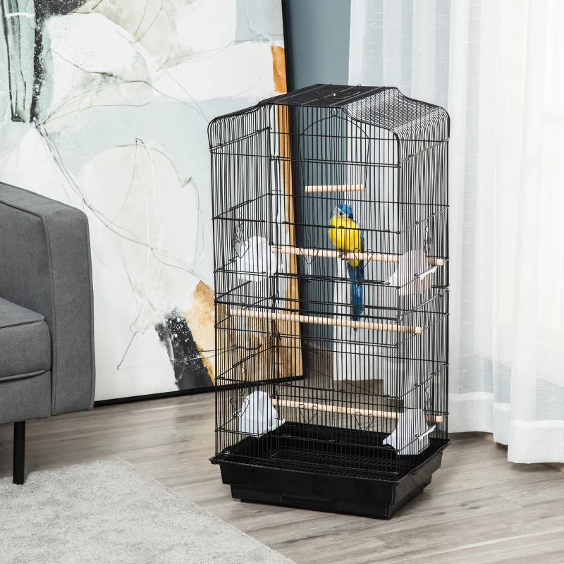 PawHut Colivie pentru pasari cu Stinghii, Leagan si boluri, Voliera din Metal si Plastic, 46.5x35.5x92 cm, Negru