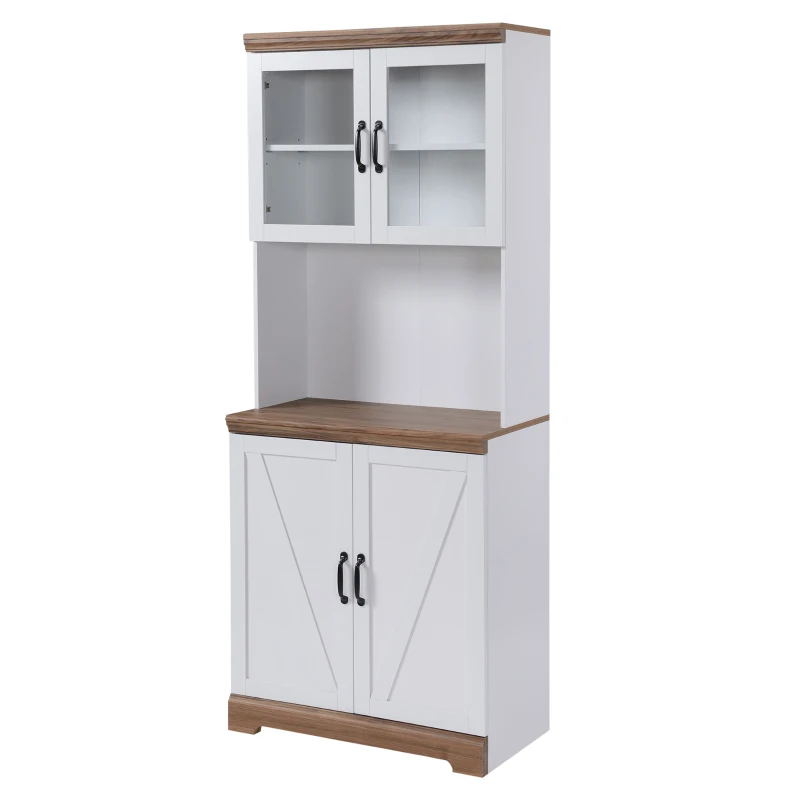 Bufet de bucatarie HOMCOM cu dulap superior, Camara cu usi cu rame de sticla, 2 dulapuri cu usi duble, 1 blat din lemn deschis cuptor cu microunde, Alb(m-10)