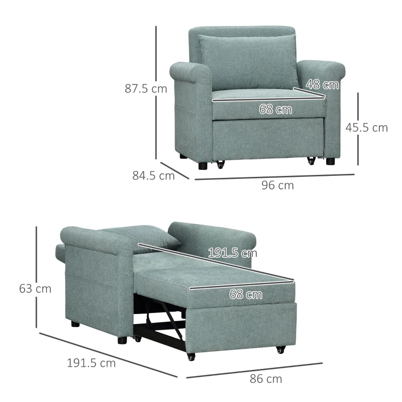 HOMCOM Fotoliu de un singur loc cu spatar reglabil in 4 pozitii, tesatura cu efect de lenjerie respirabila si sezut captusit, 96x84,5x87,5 cm, verde