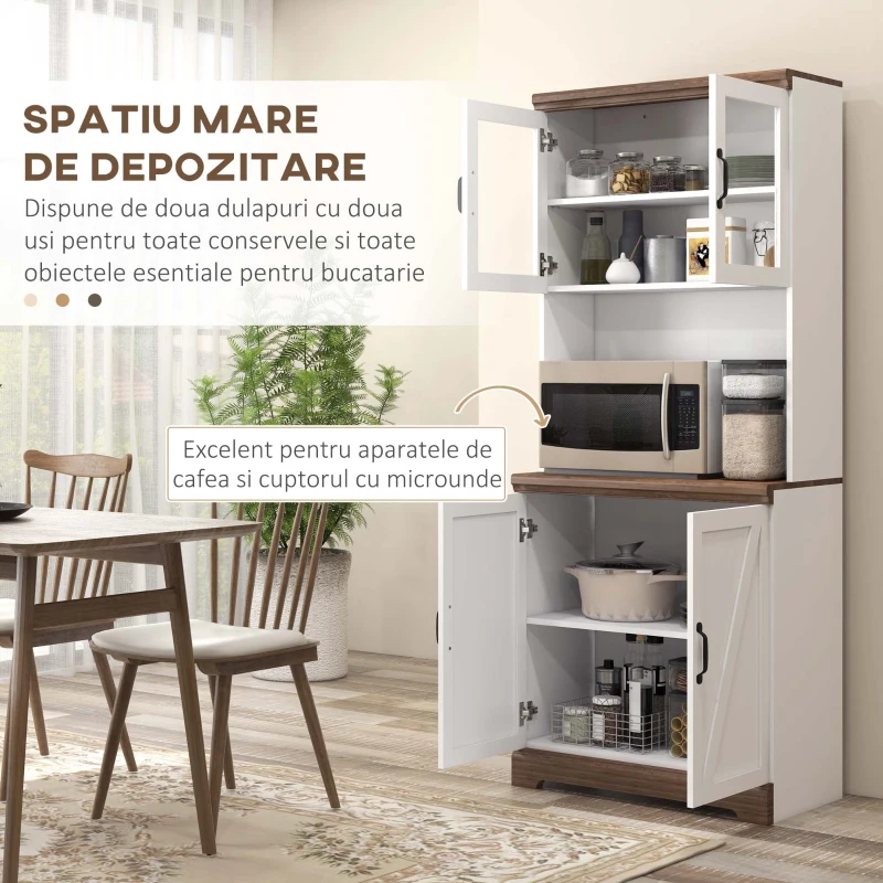 Bufet de bucatarie HOMCOM cu dulap superior, Camara cu usi cu rame de sticla, 2 dulapuri cu usi duble, 1 blat din lemn deschis cuptor cu microunde, Alb(m-4)