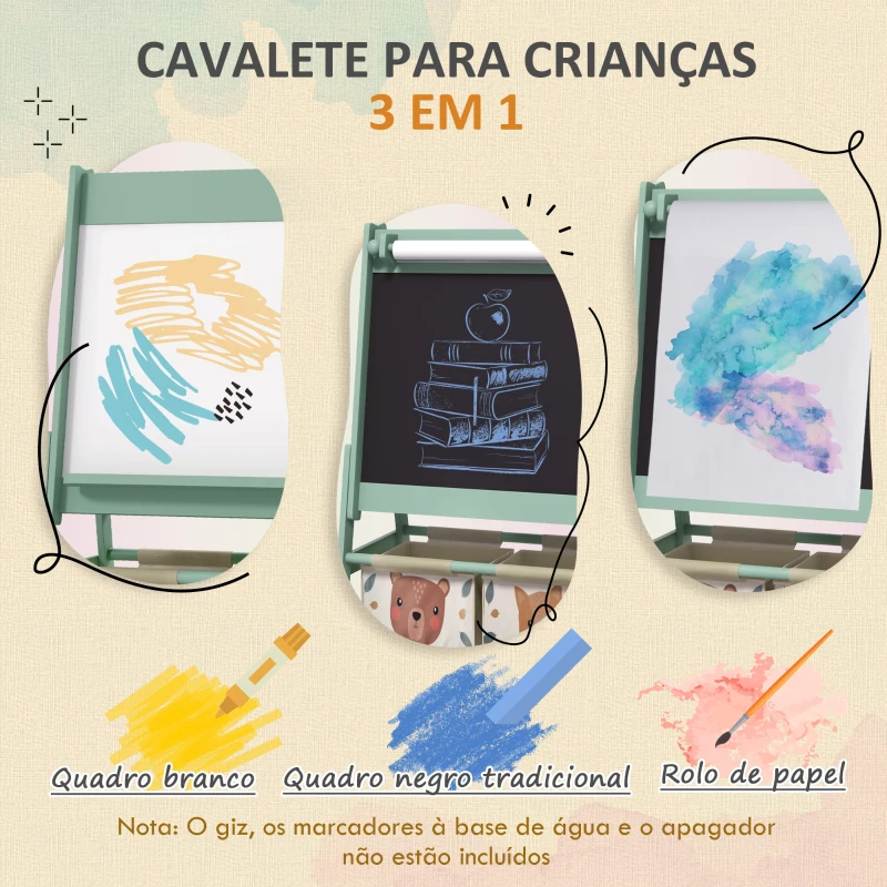 AIYAPLAY Cavalete para Crianças 3 em 1 Cavalete de Arte com Rolo de Papel Quadro e 2 Cestas de Armazenamento 54x46,5x93 cm Verde