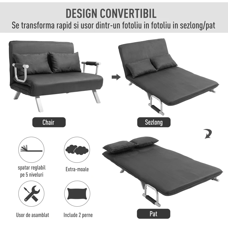 HOMCOM Canapea Extensibilă cu Șezut Reglabil în 5 Poziții și Perne Detașabile, Canapea din Imitație de Piele, 105x80x78 cm, Gri(m-4)
