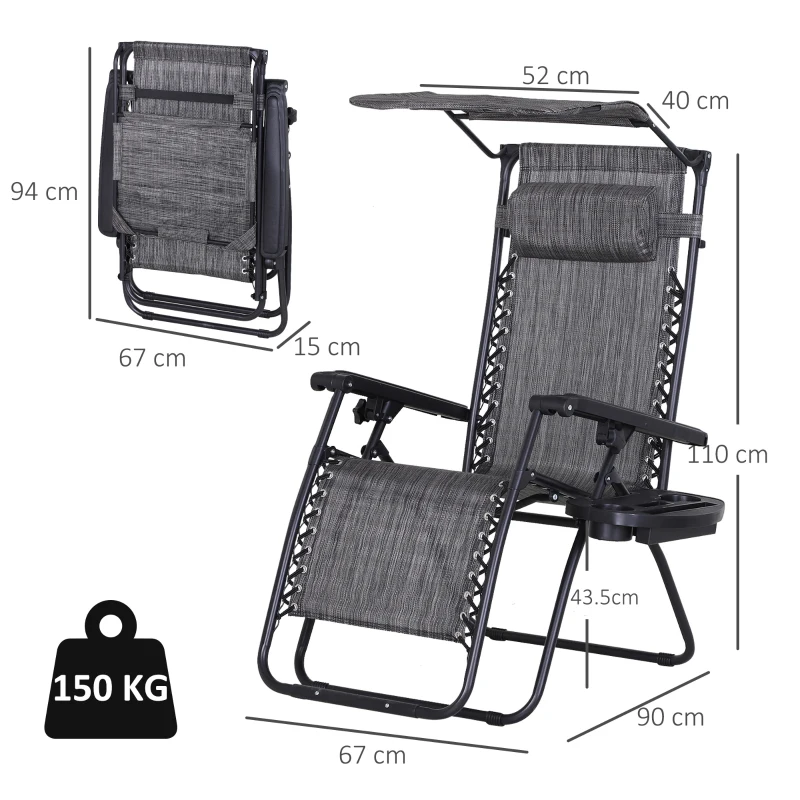 Outsunny Foldable Reclining Garden Chair with Headrest, Zero Gravity Deck Sun Lounger Seat with Footrest, Armrest, Cup Holder & Canopy Shade, Grey