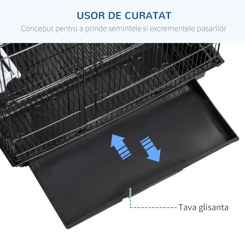 PawHut Colivie pentru pasari cu Stinghii, Leagan si boluri, Voliera din Metal si Plastic, 46.5x35.5x92 cm, Negru