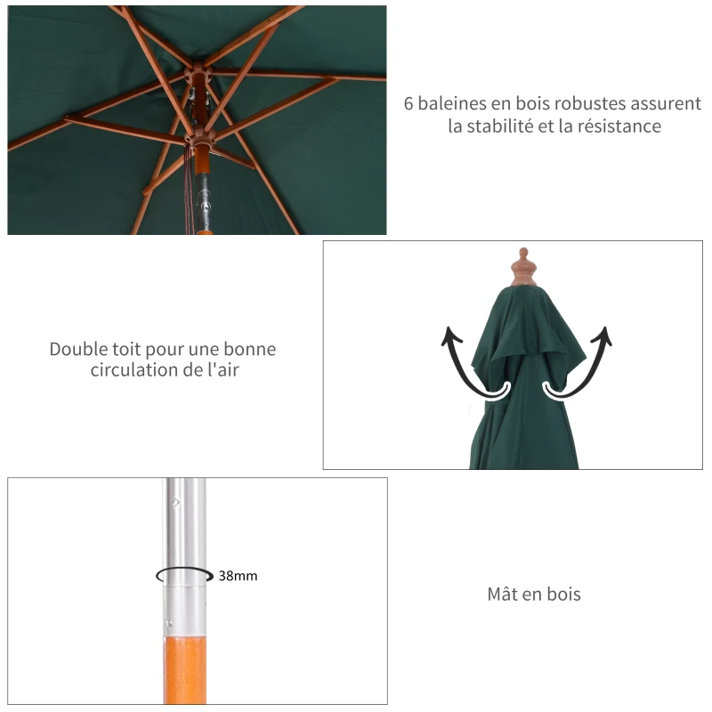 Outsunny Parasol de jardin extérieur Parasol rectangulaire inclinable bois polyester haute densité 2L x 1,5l x 2,3H m vert foncé