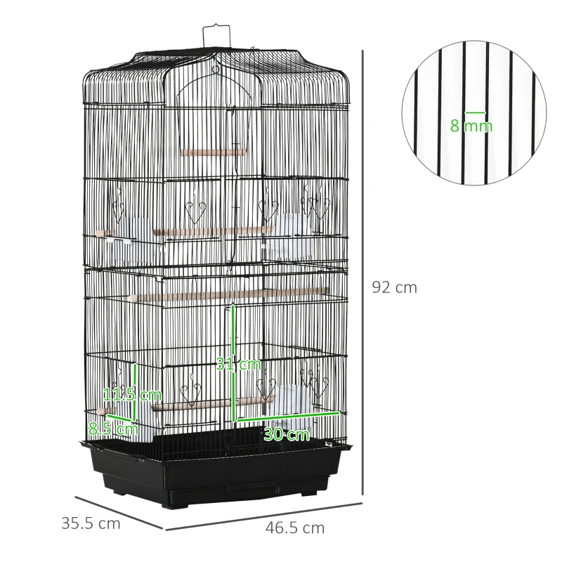 PawHut Colivie pentru pasari cu Stinghii, Leagan si boluri, Voliera din Metal si Plastic, 46.5x35.5x92 cm, Negru