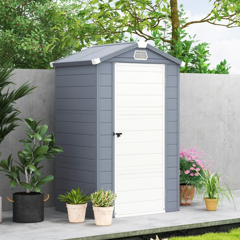 Outsunny IE Located 4 x 3ft Plastic Garden Storage Shed - Foundation Kit Included, Polypropylene Outdoor Storage Tool House with Ventilation Slots and Lockable Door, Grey