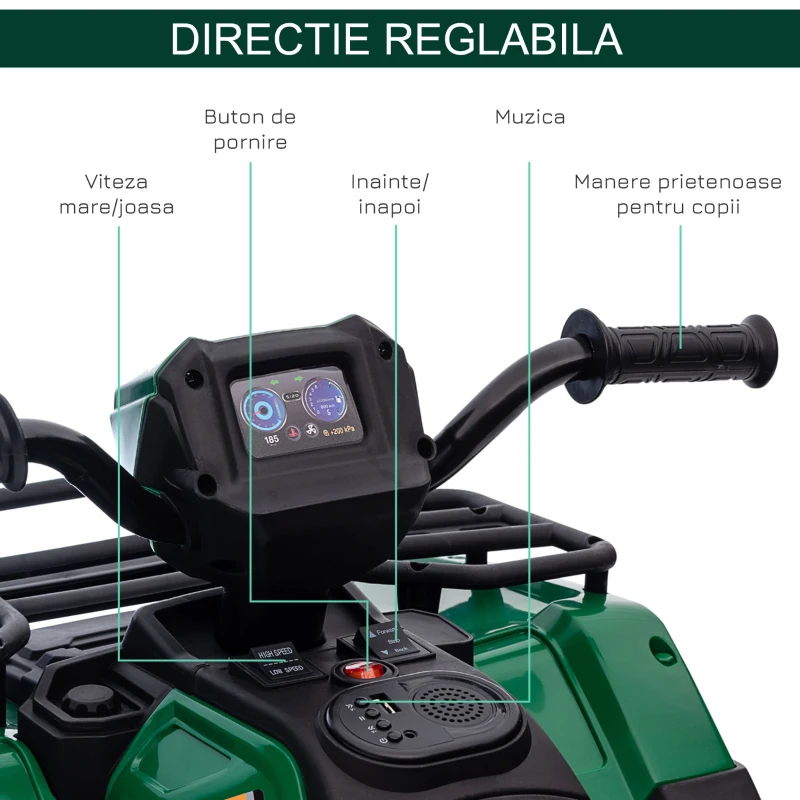 HOMCOM ATV pentru copii cu functii de mers inainte si inapoi, Masina Electrica Ride-on 12V ATV Jucarie ATV cu lumini LED Muzica pentru 3-5 ani, Verde(m-5)