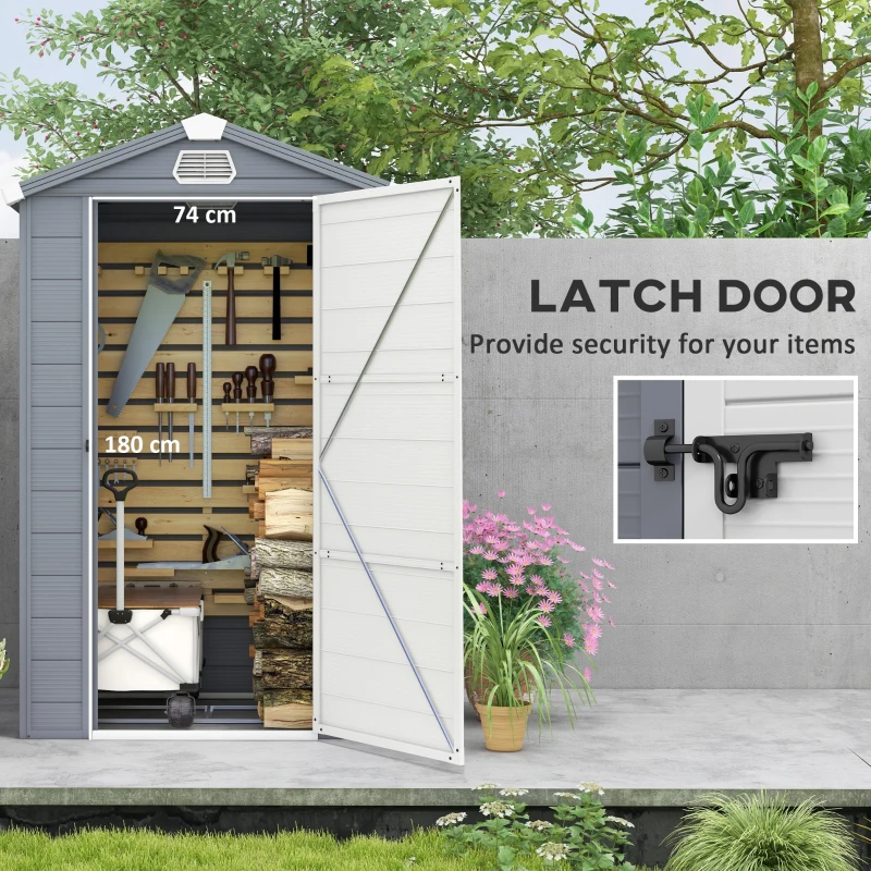 Outsunny IE Located 4 x 3ft Plastic Garden Storage Shed - Foundation Kit Included, Polypropylene Outdoor Storage Tool House with Ventilation Slots and Lockable Door, Grey