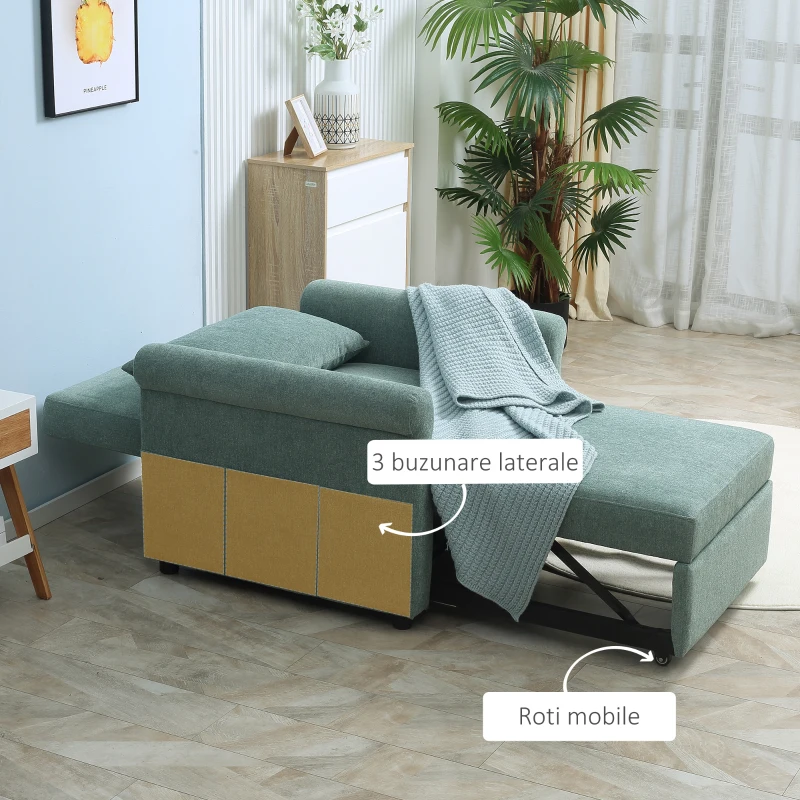 HOMCOM Fotoliu de un singur loc cu spatar reglabil in 4 pozitii, tesatura cu efect de lenjerie respirabila si sezut captusit, 96x84,5x87,5 cm, verde