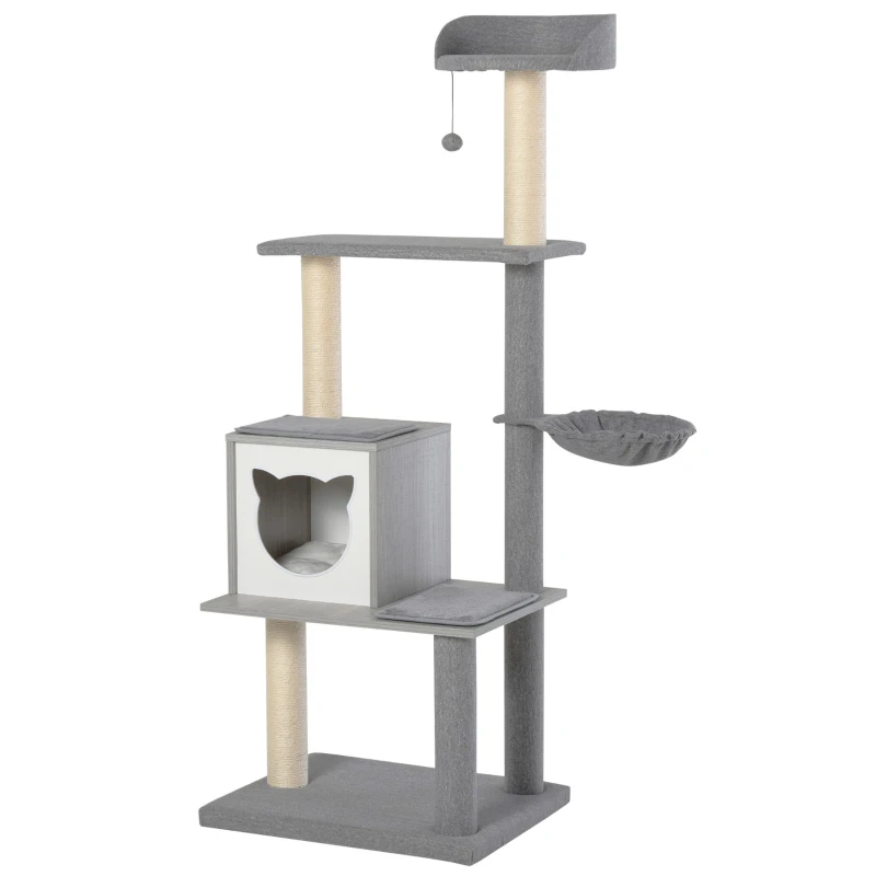 PawHut Árbol Rascador para Gatos Grande 61x49x160,5 cm Madera Torre de Escalada de Múltiples Niveles con Cueva Espaciosa Hamaca Suave Postes Juguete Colgante Cubierto de Felpa Gris