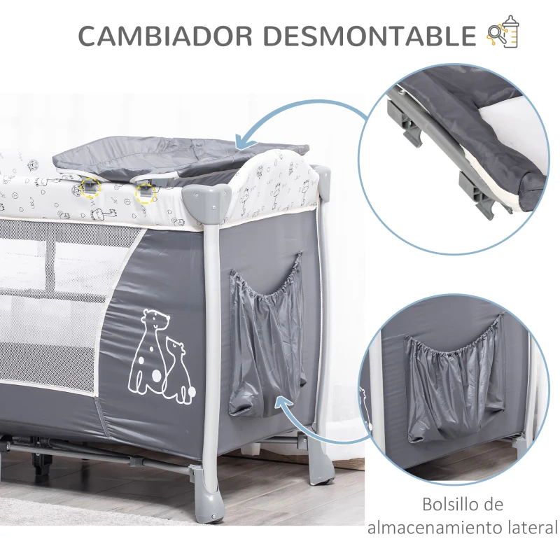 HOMCOM Cuna de Viaje Plegable para Bebes y Niños hasta 15 kg con 2 Ruedas y Bolsillo Lateral Cuna Portátil con Bolsa de transporte Parque de Juegos 124x66x77,5 cm Gris