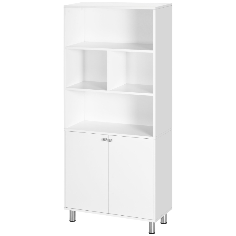 HOMCOM Estantería con Armario de 2 Puertas y Estantes Abiertos Librería para Salón Estudio Oficina 70x29,5x167 cm Blanco