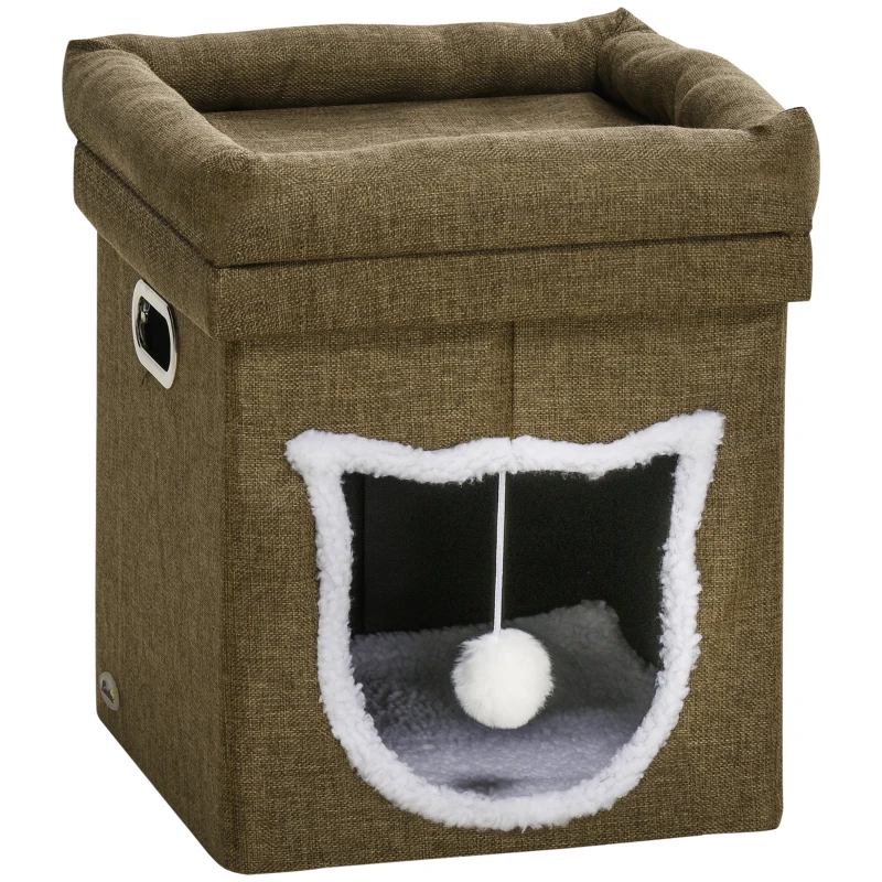 PawHut Cama Cueva para Gatos Caseta para Gatos con Rascador Cojín Suave Bola Colgante y Marco de Madera 39x39x42 cm Marrón