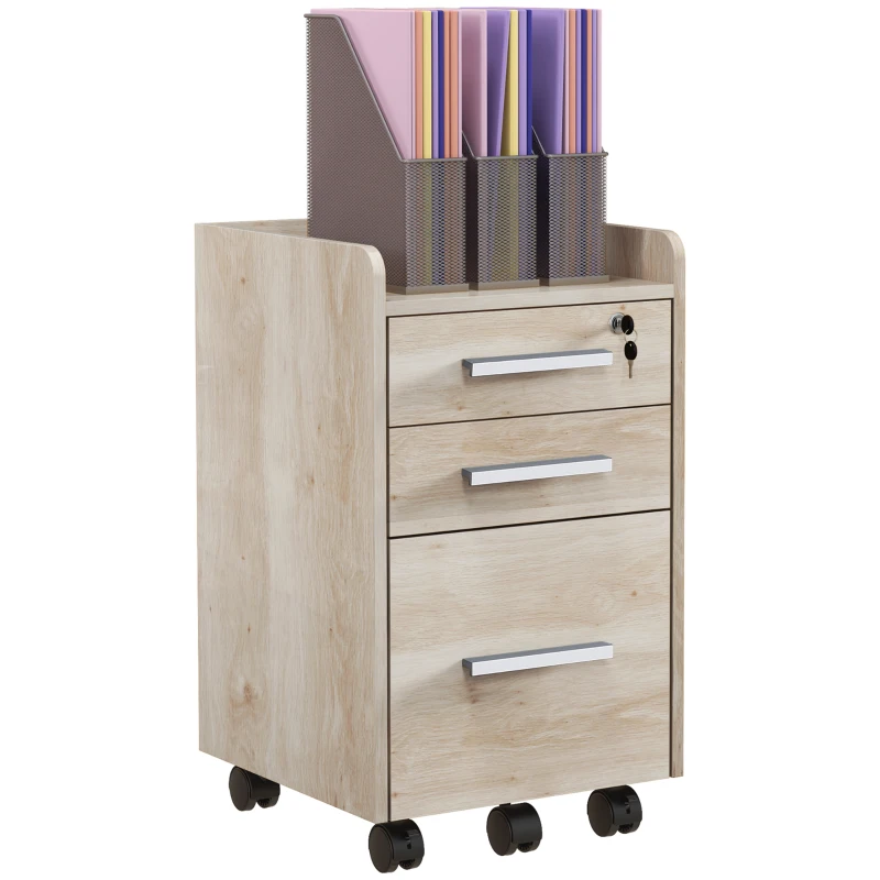 HOMCOM Caisson de bureau rangement bureau sur roulettes 3 tiroirs 1 verrouillable 1 trieur dossiers en bois beige