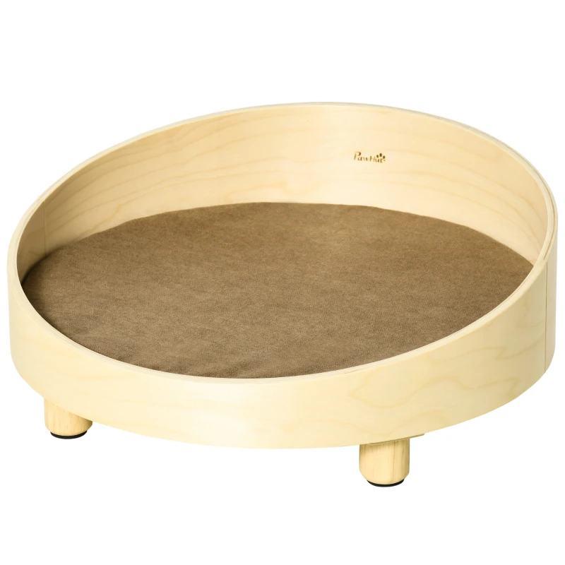 PawHut Cama de Madera para Perros Gatos Sofá Redondo para Mascotas Pequeñas con Cojín Acolchado y Patas Ø59x23,5 cm Natural