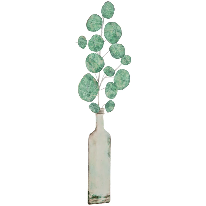 HOMCOM Decoración de Pared de Metal 3D con Planta con Jarrón Adorno de Pared Metálico para Salón 18x56 cm Verde y Plata