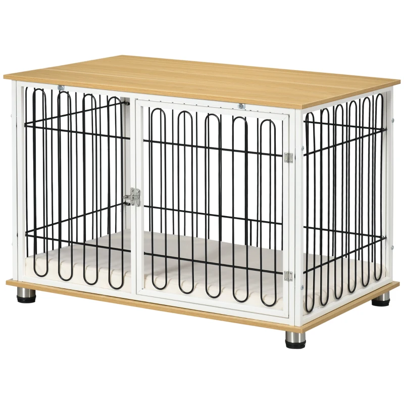 PawHut Jaula para Perros para Interior con Encimera Mesa con Perrera con Pestillo y Cojín 90x58x62,5 cm Roble y Blanco