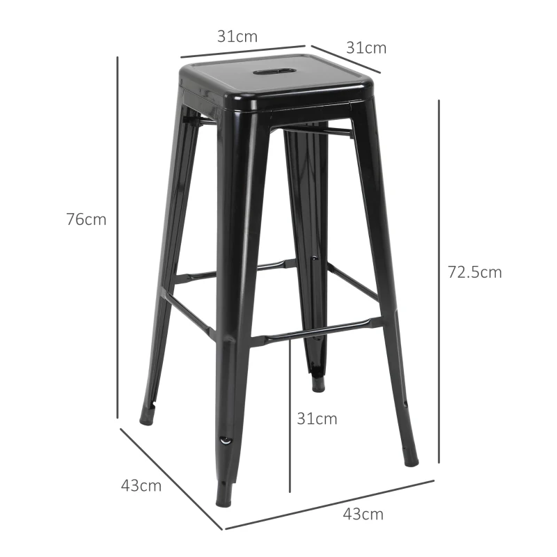 HOMCOM Set 4 Scaune de Bar din Metal cu Suport pentru Picioare pentru Interior si Exterior, 43x43x76 cm, Negru