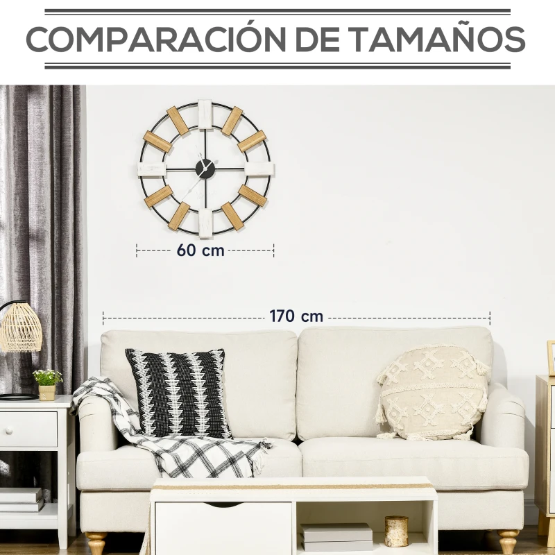 HOMCOM Reloj de Pared Silencioso de Ø60 cm Reloj de Pared de Metal y Madera  sin Tictac Estilo Moderno Multicolor