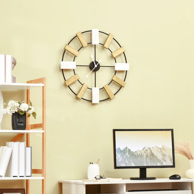 HOMCOM Reloj de Pared Silencioso de Ø60 cm Reloj de Pared de Metal y Madera  sin Tictac Estilo Moderno Multicolor