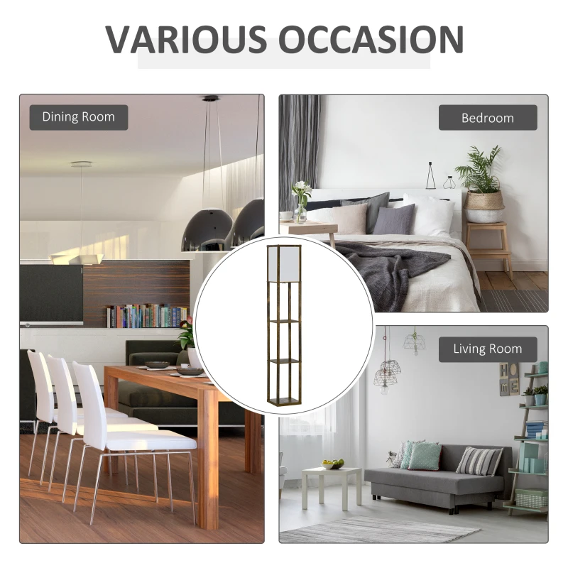 HOMCOM 3-Tier Floor Lamp, Floor Light with Storage Shelf, Reading Standing Lamp for Living Room, Bedroom, Kitchen, Dining Room, Office, Dorm, 160cm, Brown