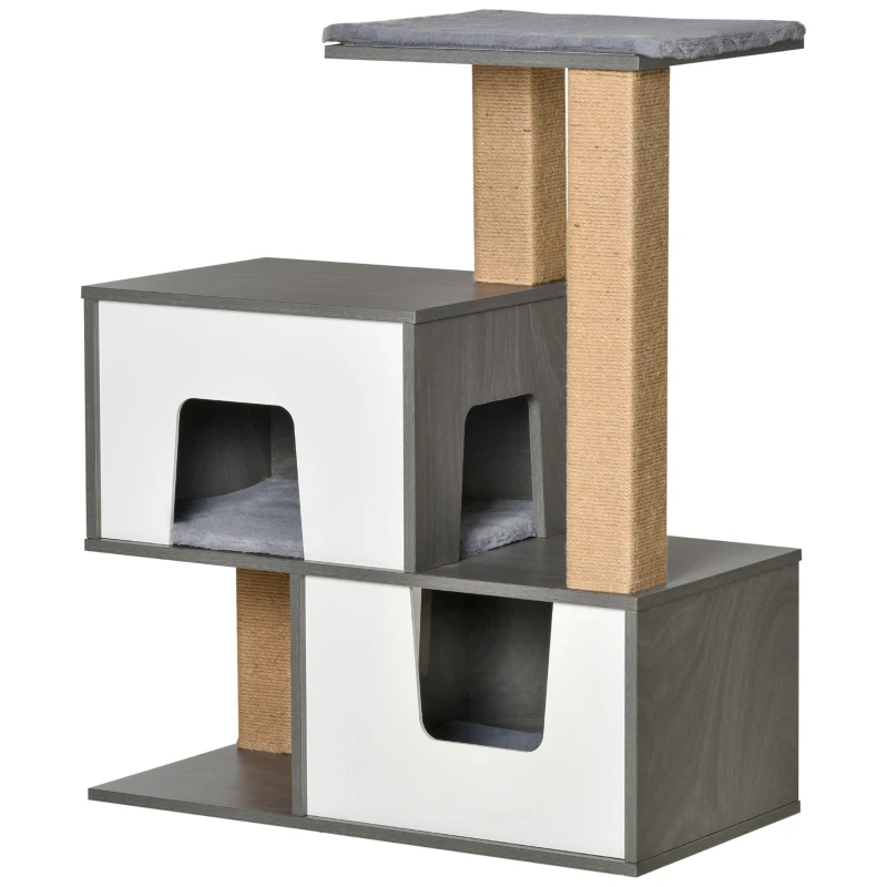 PawHut Árbol para Gatos de Madera Altura 93 cm con 2 Cuevas Cojines Extraíbles Plataformas Postes Rascadores de Yute Natural y Múltiples Entradas para Descansar 77x39x93 cm Gris