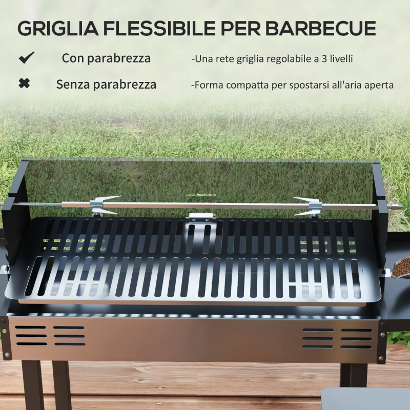 Outsunny Barbecue a Carbone a 3 Livelli con Mensole Pieghevoli e Girarrosto, in Acciaio Inox, 118x32x90 cm, Nero