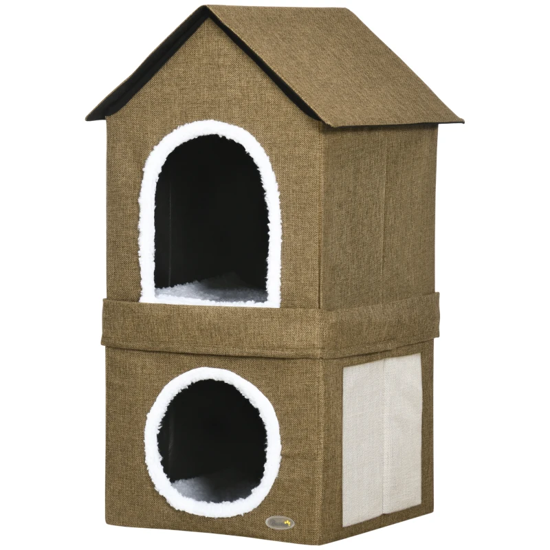 PawHut Casa para Gatos Doble con Cojines y Almohadillas Rascadoras Uso Junto o por Separado 40x41x75 cm Marrón