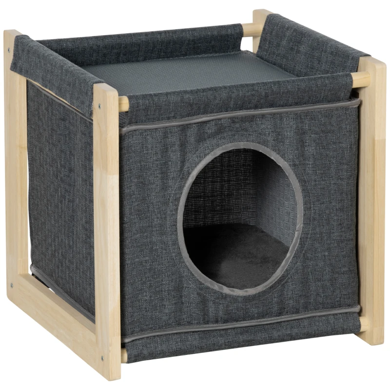 PawHut Cama Cueva para Gatos de Interior con Cojín Extraíble Rascador de Sisal y Marco de Madera 40x40x40,5 cm Gris