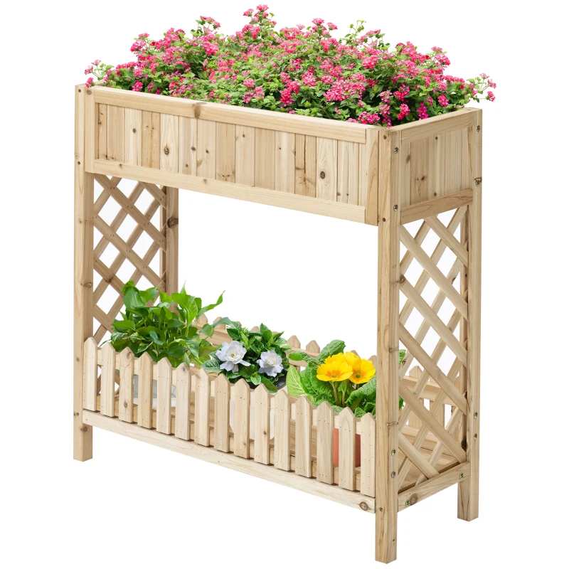 Outsunny Huerto Urbano de Madera 90x30x90 cm Mesa de Cultivo con Estante Inferior Seto Decorativo y 4 Orificios de Drenaje para Plantas Macetas Flores Natural