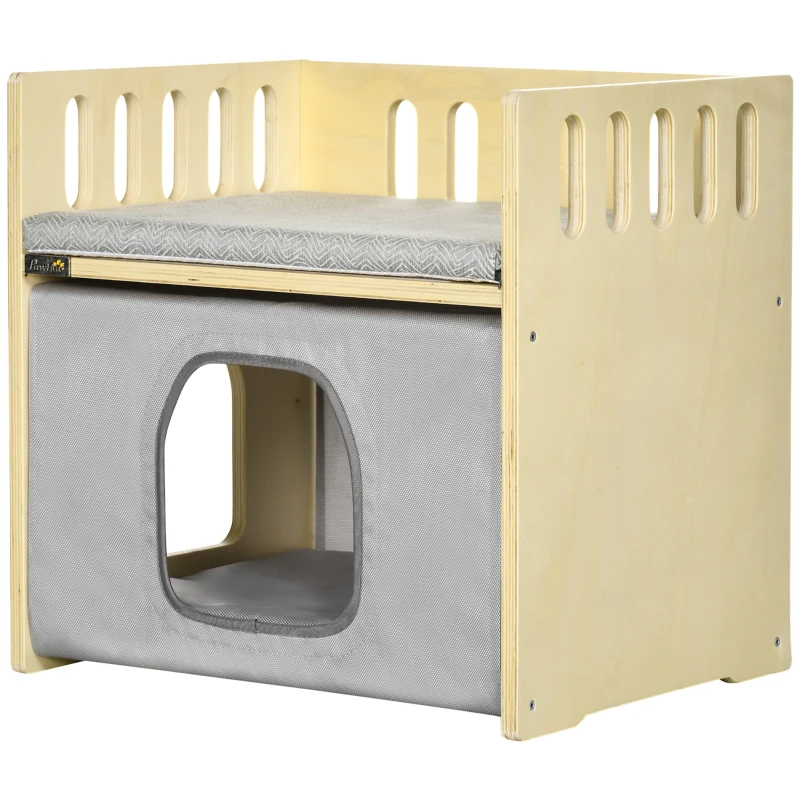 PawHut Cama para Gatos de Madera con Cueva para Gatos 2 Cojines y Cubierta de Tela Oxford Extraíble 48x38x47 cm Natural