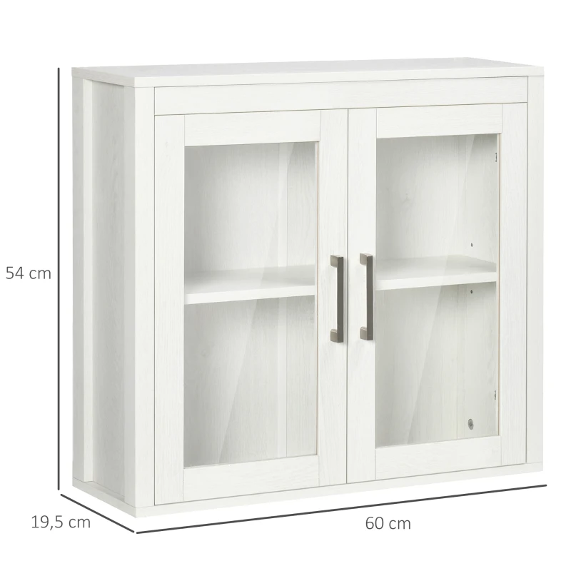kleankin Armario de Baño de Pared con Puertas de Vidrio y Estante Ajustable Mueble Colgante Moderno 60x19,5x54 cm Blanco