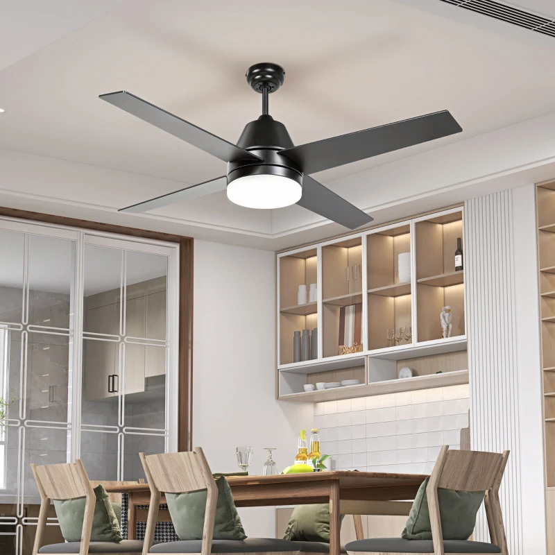 HOMCOM Ceiling Fan with LED Light, Flush Mount Ceiling Fan Lights with Reversible Blades, Remote, Black and Walnut Brown
