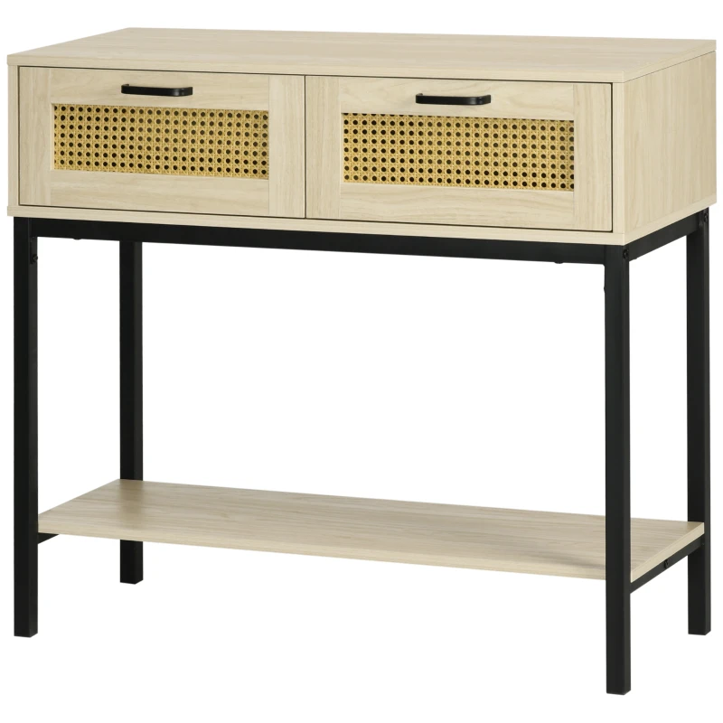 HOMCOM Mesa Consola Mueble Recibidor con 2 Cajones de Rejilla de Ratán Estante de Almacenaje Marco de Metal 90x35x82,5cm Roble