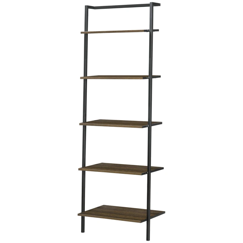 HOMCOM Estantería de Escalera con 5 Estantes de Estilo Industrial para Salón Dormitorio Oficina 60,5x35x171 cm Nogal