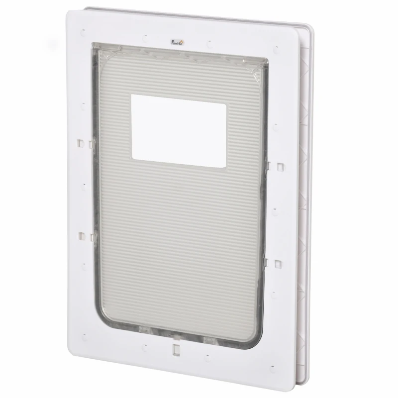 PawHut Puerta para Perros Gatera para Gatos 38,6x52x5,5 cm con Cierre Magnético de 2 Vías Sistema de Bloqueo Puerta para Mascotas de Entrada y Salida Fácil de Instalar Blanco
