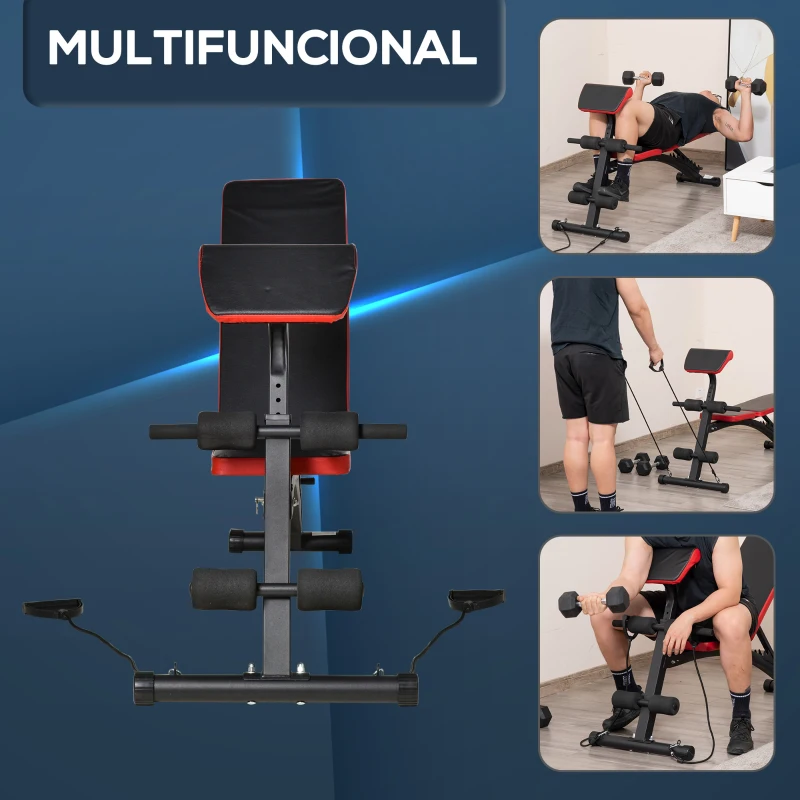 HOMCOM Banco de Pesas Altura Ajustable Banco de Musculación Multifuncional Respaldo Inclinable en 6 Posiciones y 2 Cuerdas para Entrenamiento de Cuerpo Completo en Gimnasio Casa Carga 120 kg Negro