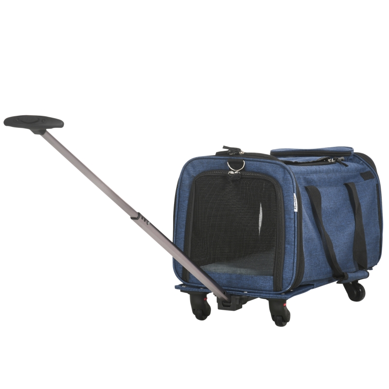PawHut 4 en 1 Transportadora para Mascotas con Ruedas Carrito para Mascotas Bolsa de Transporte para Perros 50x31x37 cm Azul