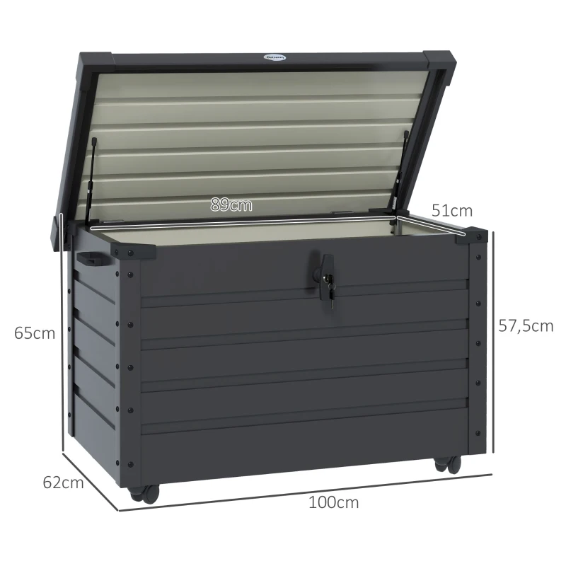 Outsunny Skrzynia ogrodowa do przechowywania na zewnątrz, pojemność 295 litrów, odporna na warunki atmosferyczne, 4 koła, 100 cm x 62 cm x 65 cm, Dunkelgrau