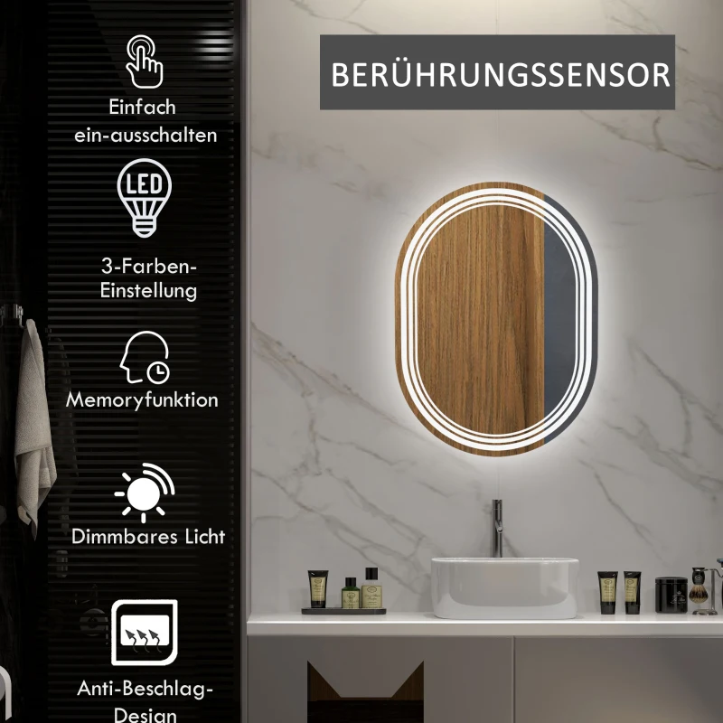 kleankin Lustro łazienkowe z oświetleniem, lusterko łazienkowe, funkcja przeciwparowania, światła LED, 70 cm x 50 cm x 3 cm, Srebrny + Biały