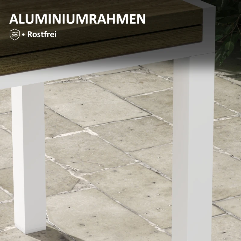 Outsunny Stół ogrodowy Stół na zewnątrz, odporny na pogodę, efekt drewna, 160 x 80 x 75 cm, Brąz + Biały