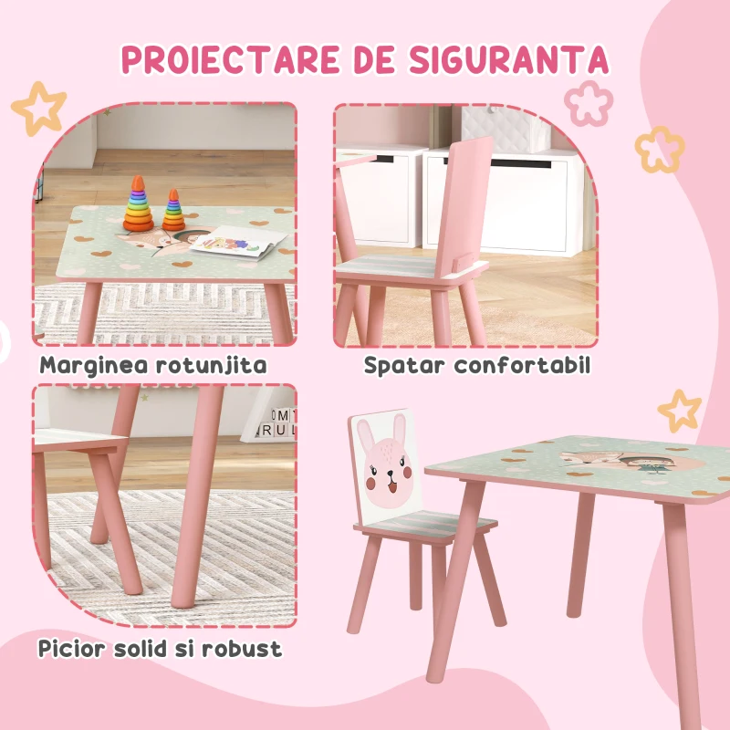 ZONEKIZ Set masa si scaun 3 piese pentru copii lemn de pin cu desene animale roz pentru scoala mobilier camera copilului birou pentru copii mici