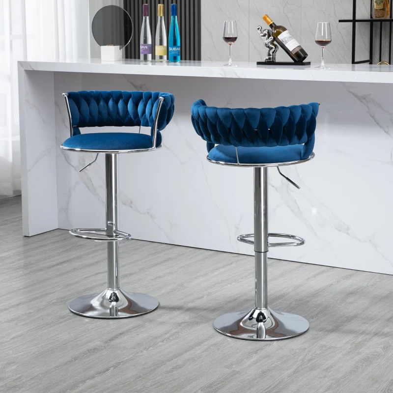 Ensemble de 2 tabourets de bar style art déco avec dossier et repose-pieds, chaise haute hauteur d'assise réglable pivotant 360°, Bleu