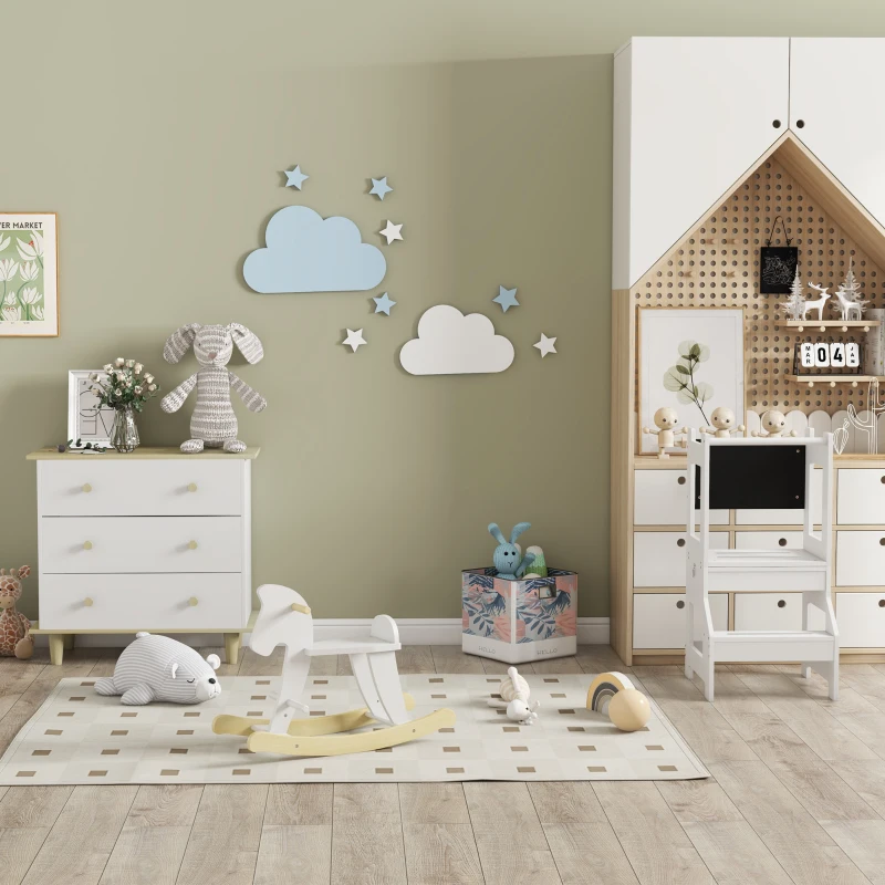 HOMCOM Scala Montessori 2 in 1 in MDF Staccabile, con Sgabello, Lavagna Inclusi, per Bambini 3-6 Anni, Bianco