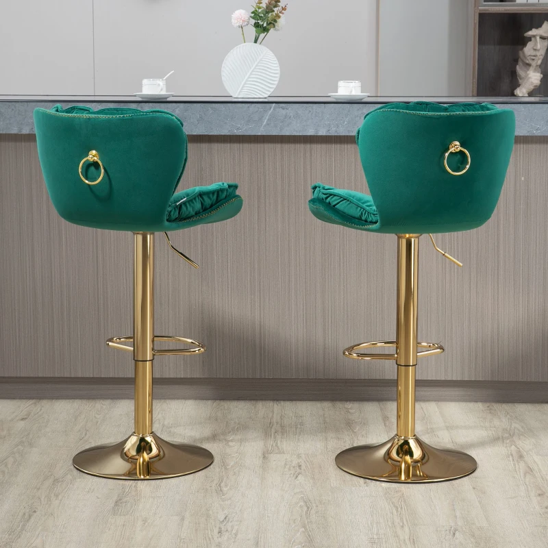 Set di 2 Sgabelli Regolabili girevoli da bar, con Poggiapiedi, in velluto per Cucina e Sala, Smeraldo